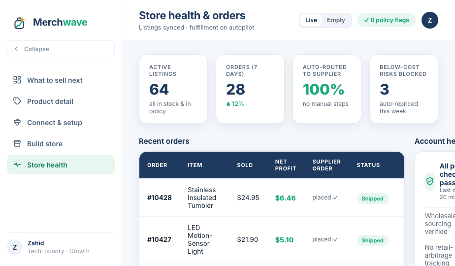 Store health and account compliance